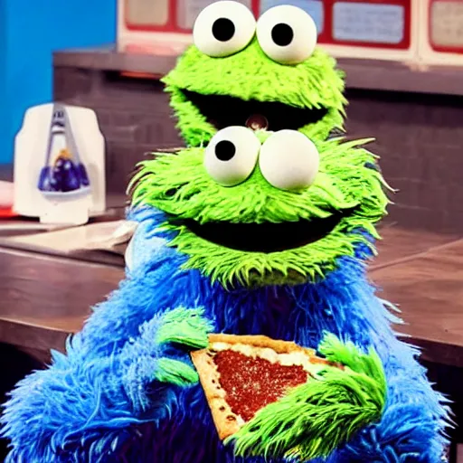 Image similar to Cookie Monster Muppet on Sesame Street eating pizza in secret, happy