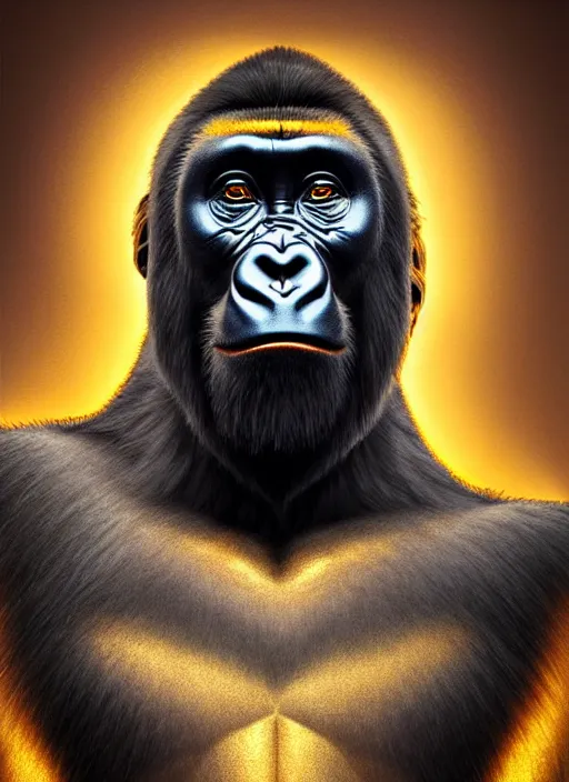 Image similar to dreamlike stunning gorillas god portrait, gold kimono, art by artgerm, wlop, loish, ilya kuvshinov, 8 k realistic, hyperdetailed, beautiful lighting, detailed background, depth of field, symmetrical face, frostbite 3 engine, cryengine,