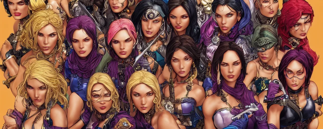 Prompt: a group of six female thieves with unique styles of dress, varying skin tones, and hair colours, bold and colourful, symmetrical facial features, 8 k intricate detail, detailed faces, beautiful, arnold rendering, art by pepe larraz,