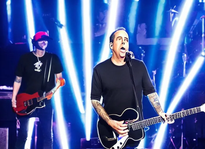 Prompt: publicity photo still of jerry seinfeld touring with blink 1 8 2 live on stage, 8 k, live concert lighting, mid shot
