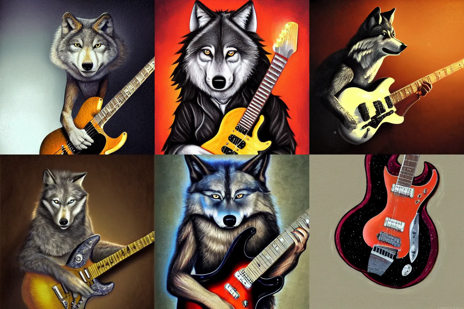 Prompt: A picture of an anthropomorphic wolf playing electric guitar, dramatic lighting, realistic, very beautiful, digital painting by Greg Rutowski
