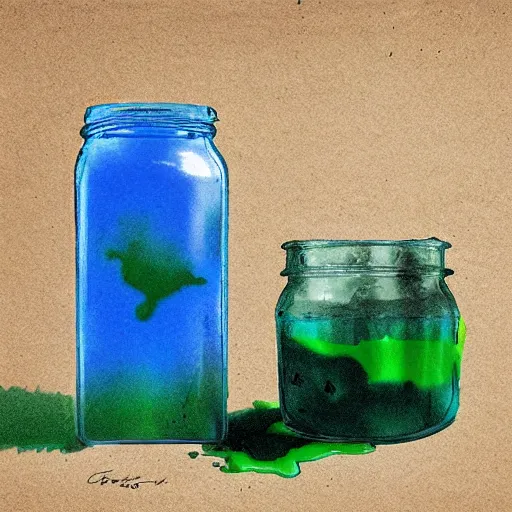 Prompt: green goo mixed with blue goo in a jar, Greg Rutkowski