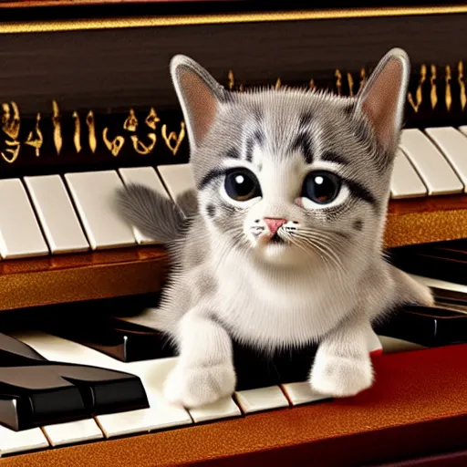 Image similar to cute cartoon cat playing the piano, highly detailed, award winning, 8 k photorealistic