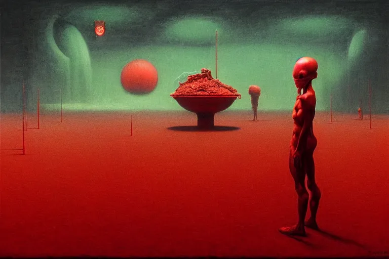 Image similar to only with red, red god of death eat apple, a futuristic city on mars in the background, red worms on the floor, in the style of beksinski, part by hopper, part by rodcenko, part by hofbauer, intricate composition, red by caravaggio, insanely quality, highly detailed, masterpiece, red light, artstation, 8 k