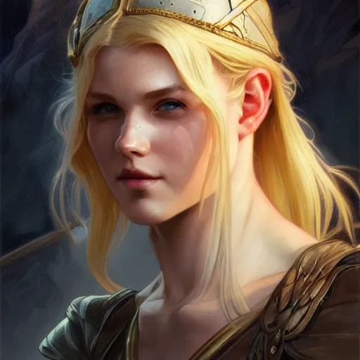 Image similar to an epic fantasy comic book style head portrait painting of a young blonde girl thief, d & d, fantasy, joyful smirk, intricate, elegant, digital painting, artstation, concept art, matte, sharp focus, illustration, art by artgerm and greg rutkowski and alphonse mucha