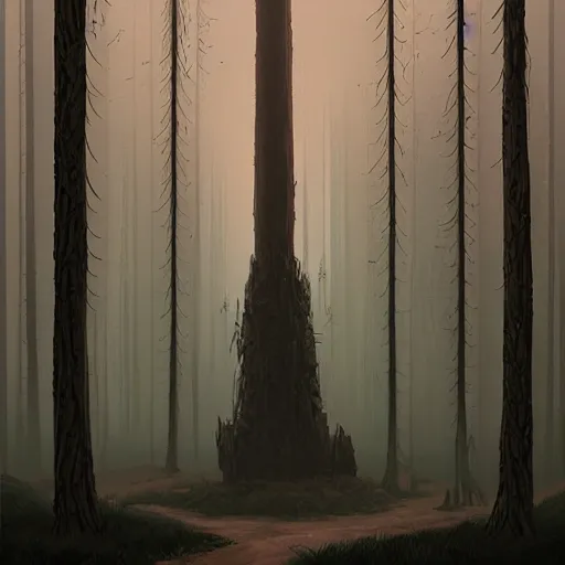 Prompt: monumental old ruins tower of a dark misty forest, overcast, sci - fi digital painting by simon stalenhag