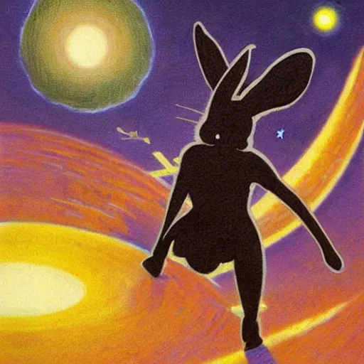 Image similar to A rabbit full of hope, looking for a black hole in an infinite time loop by Vincent Di Fate