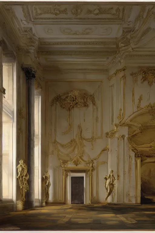 Prompt: long view, empty classical room with painting of melting abomination, in style of classicism
