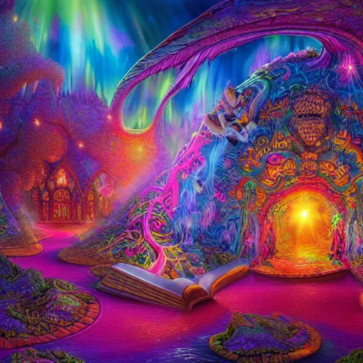 Prompt: Photorealistic Magical Wonderland in the style of Lisa Frank, Robert Venosa, Michael Whelan and Gustave Dore. Hyperdetailed photorealism, 108 megapixels, amazing depth, glowing rich colors, powerful imagery, psychedelic Overtones, 3D finalrender, 3d shading, cinematic lighting, artstation concept art