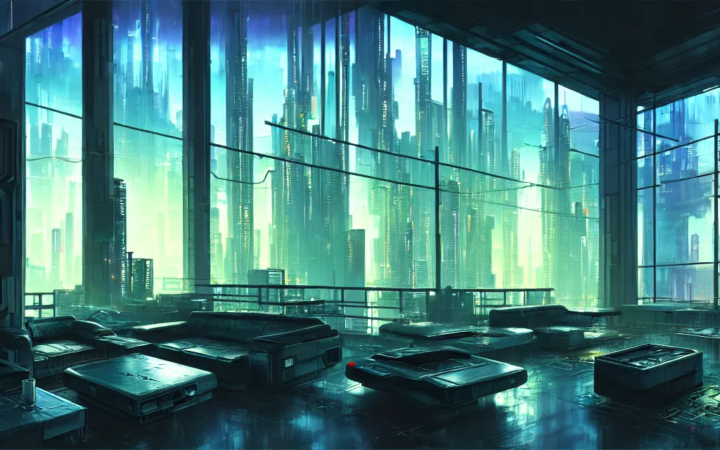 Image similar to cyberpunk loft lounge with tall windows, no people, city in background, drawn by feng zhu, sparse plants, dim painterly lighting volumetric aquatics, impasto