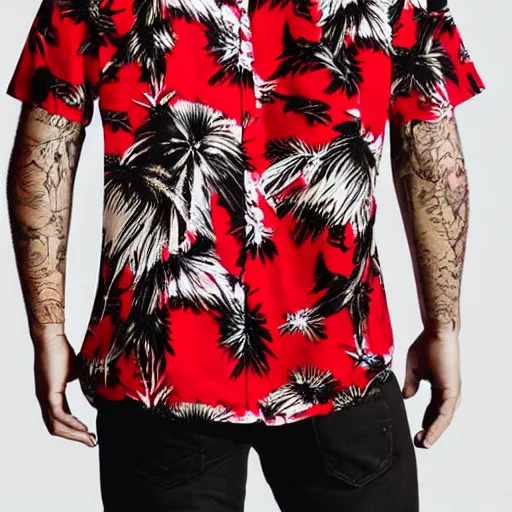 Image similar to aloha shirt black flower on red, photograph, realistic, filmic, cinematic