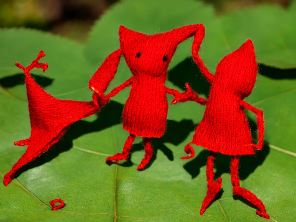 Prompt: a red yarny dancing on a leaf,