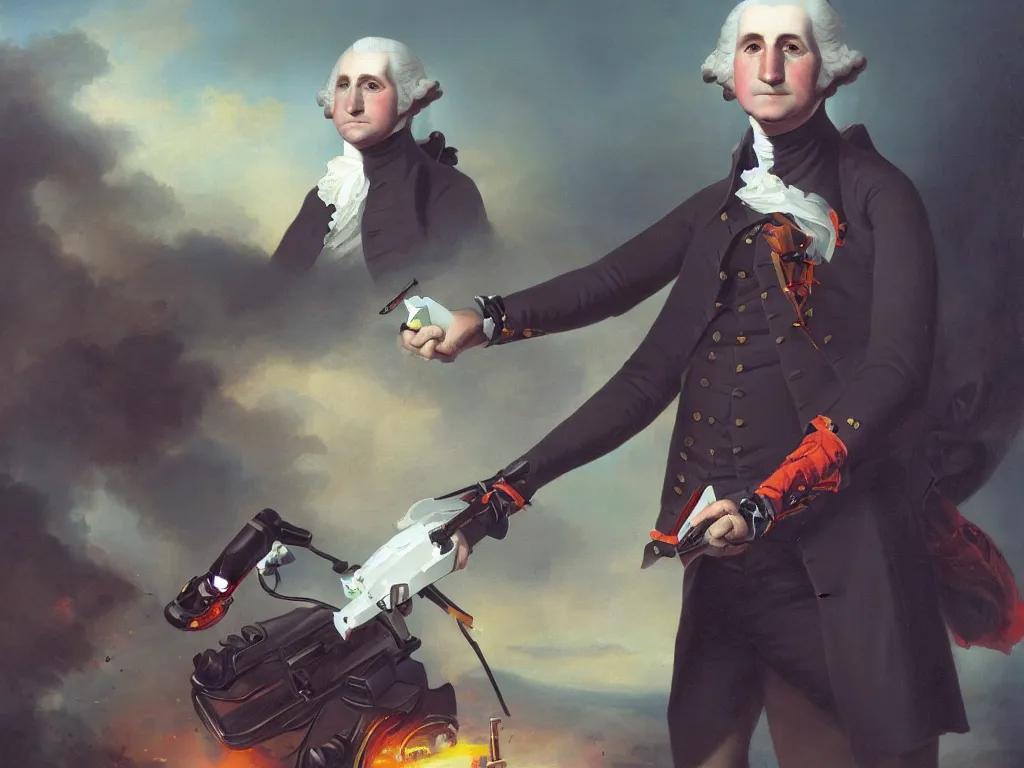 Image similar to George Washington, controlling his personal ED209, exciting illustration, explosive colors, trending on artstation