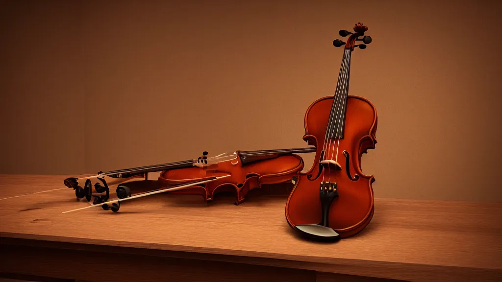 Image similar to a violin on an ancient beautiful ornated wood desk in victorian house, beautiful reflexions, detailed wooden table, photorealistic, photorealism, diffuse light, octane render