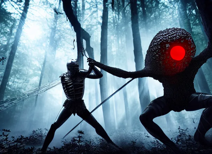 Image similar to knight fights off a giant white crystal clear spider with huge red eyes in a forest. highly detailed 8 k. intricate. lifelike. soft light. fantasy horror style. cinematic post - processing