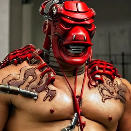 Prompt: very big very muscular very buff very strong samurai, wearing a cybernetic oni mask. The mask is cybernetic and scary. Movie still