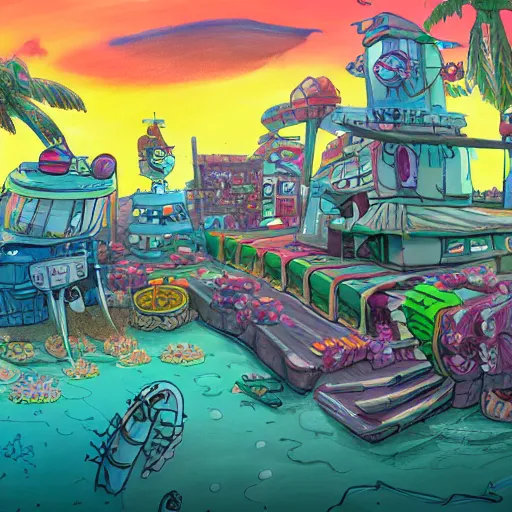 Prompt: bikini bottom drawn by stephen hillenburg, dynamic lighting, fantasy concept art, trending on art station, stunning visuals, creative, cinematic, ultra detailed