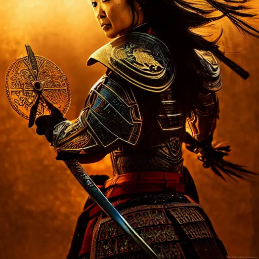 Image similar to ming na wen in samurai armor, atmospheric lighting, painted, intricate, golden hour, ultra detailed by royo