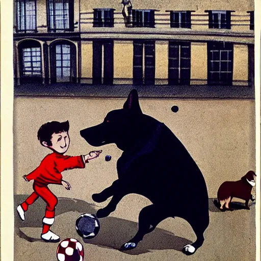 Image similar to book illustration of a french boy on the streets of paris playing football against a corgi, the dog is wearing a polka dot scarf, 1 9 6 6