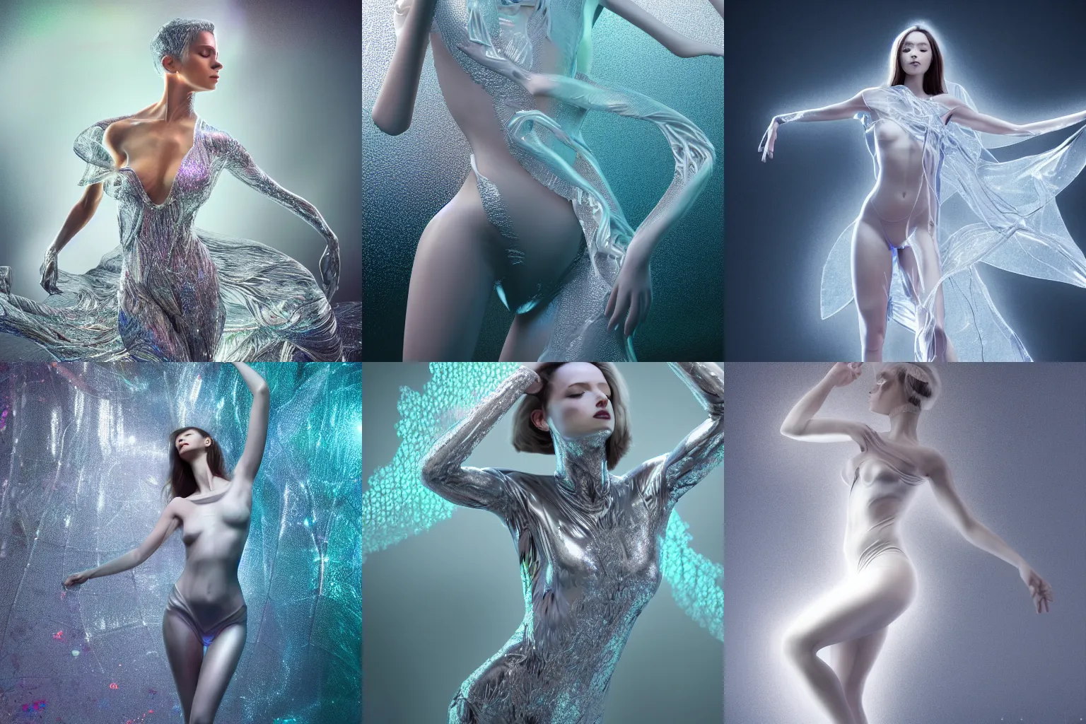 Prompt: a highly detailed ethereal full body digital image of a silver covered elegantly posed dancing futuristic woman beautifully intertwined in realistic chromatic liquid like leaves shot, full body shot, by Andrew Chiampo, artstation, and Frederik Heyman, extremely detailed woman, stunning volumetric lighting, hyper realism, fantasy 4k
