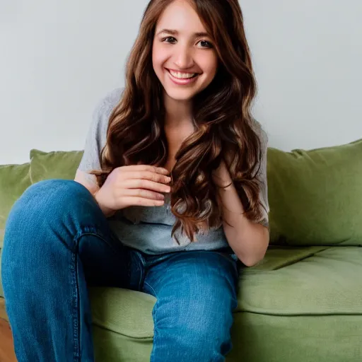 Image similar to Photo of a cute young woman smiling, long shiny bronze brown hair, full round face, green eyes, medium skin tone, light cute freckles, smiling softly, wearing casual clothing, relaxing on a modern couch, interior lighting, cozy living room background, medium shot, mid-shot, soft focus, professional photography, Portra 400