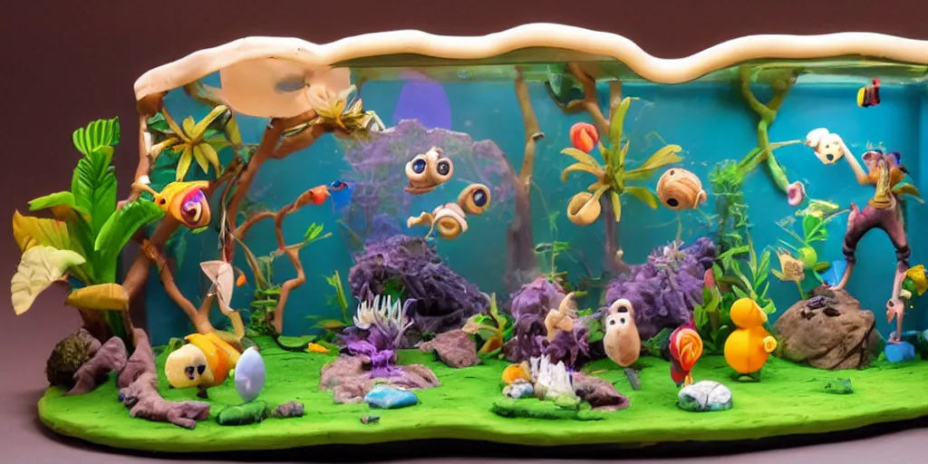 Image similar to side view of tropical fish tank, wallace and gromit wrong trousers. mechanical. plasticine models. clay sculptures. figures. wet surface. bubble out of a shell