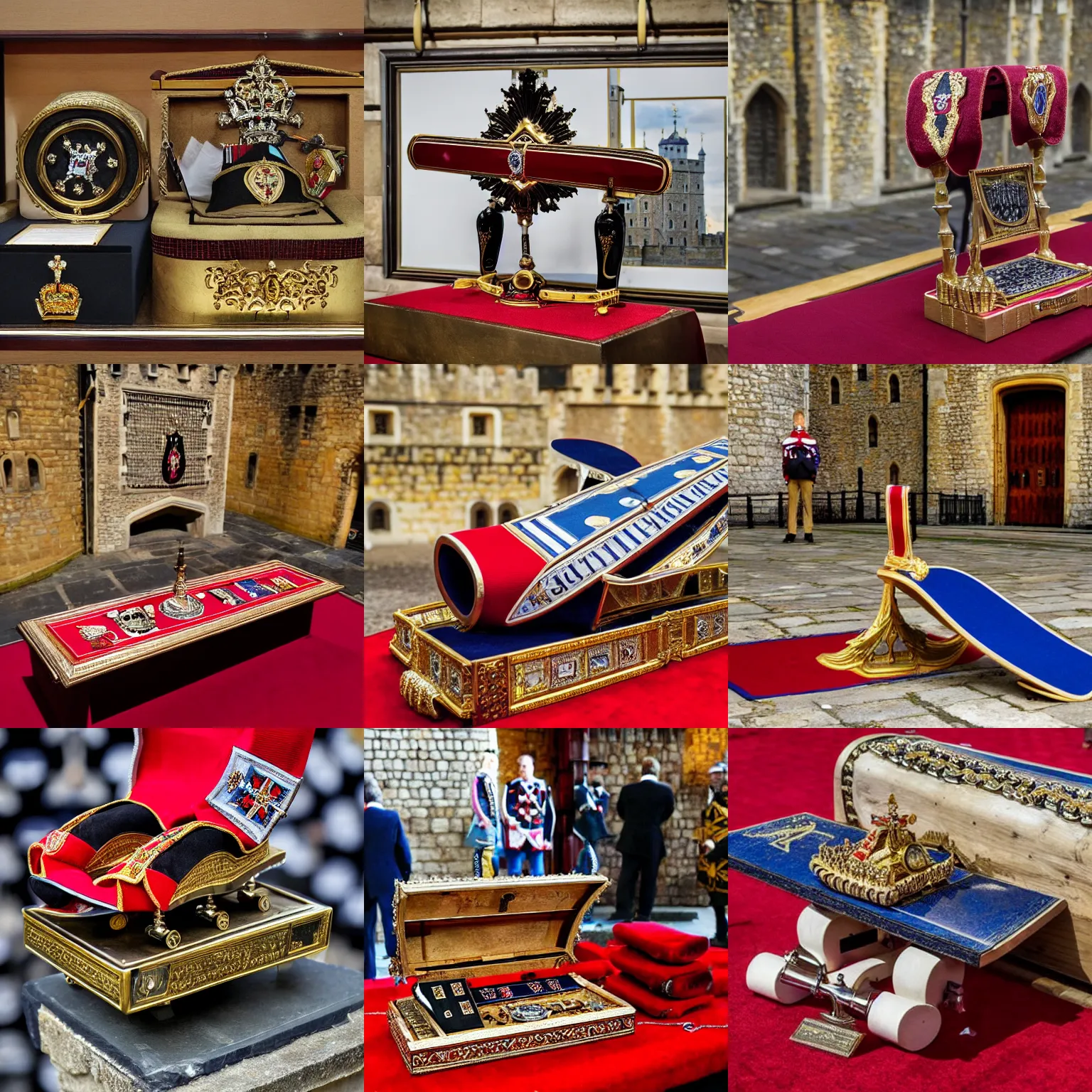 Prompt: the royal skateboard of england on display among the crown jewels at the tower of london