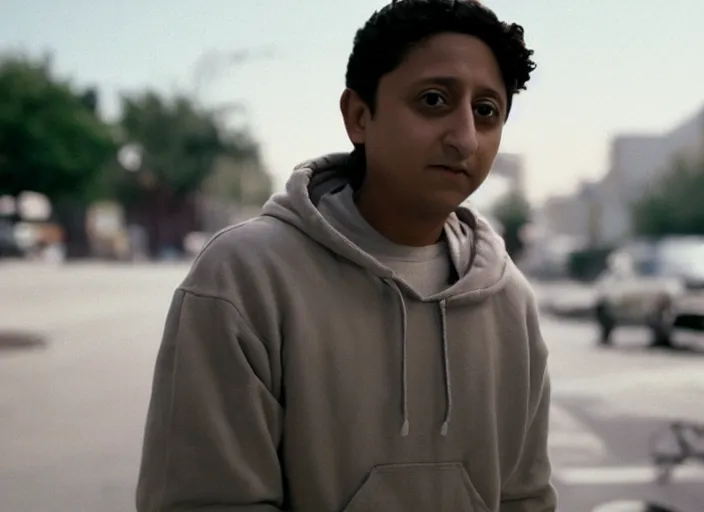 Image similar to First Official image from Cardboard, new drama film directed by Spike Jonze starring Tony Revolori as a Philadelphia b-boy in 1990 in the streets at dawn, shot on Kodak Vision 200T, stunning cinematography, light diffusion, film grain, 8k print.