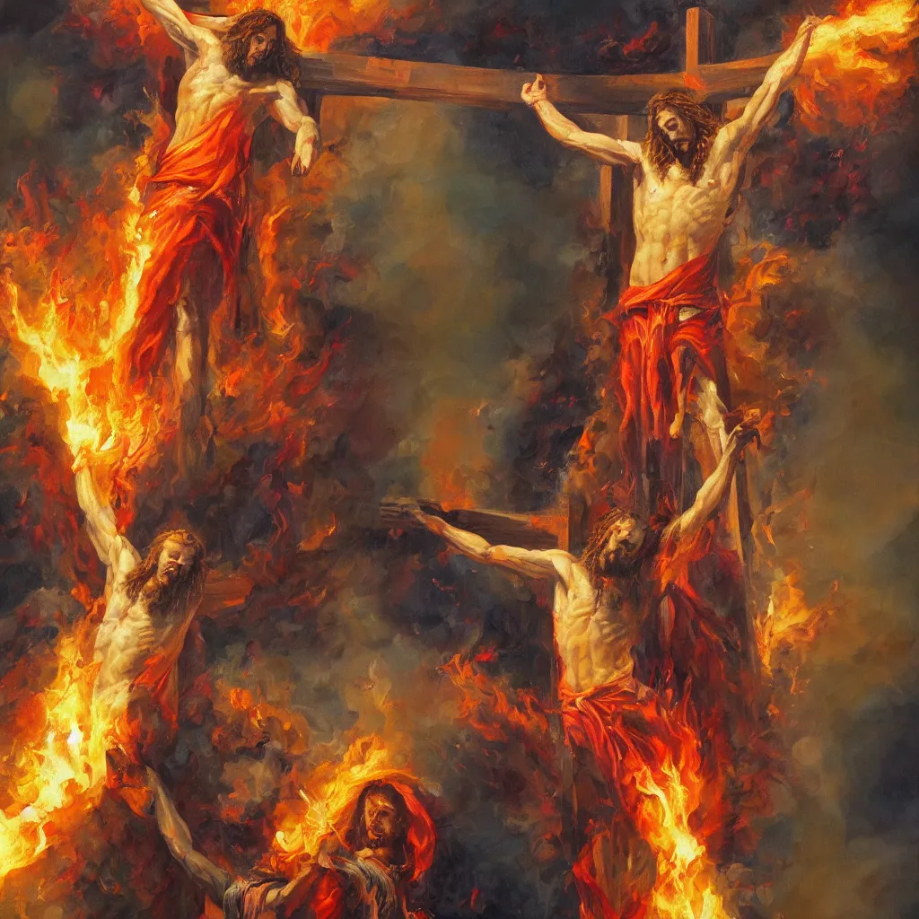 Image similar to Concept art of flaming Jesus on the cross, trending on artstation, oil on canvas, vivid color, ultra detailed.