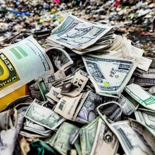 Prompt: pile of money at rubbish dump