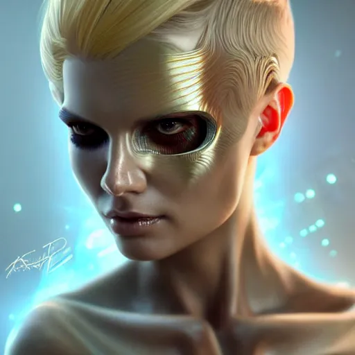 Image similar to futuristic woman android portrait, sci-fi female, striking azure eyes, face, short platinum hair tomboy, cyberpunk femme fatale, intricate, elegant alabaster skin, highly detailed gold filigree, digital painting, artstation, concept art, smooth, sharp focus, illustration, art by artgerm and greg rutkowski and alphonse mucha