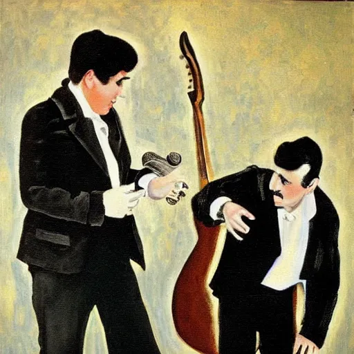 Prompt: elvis and marcel proust jamming together in paris, 1 9 2 2, oil painting,