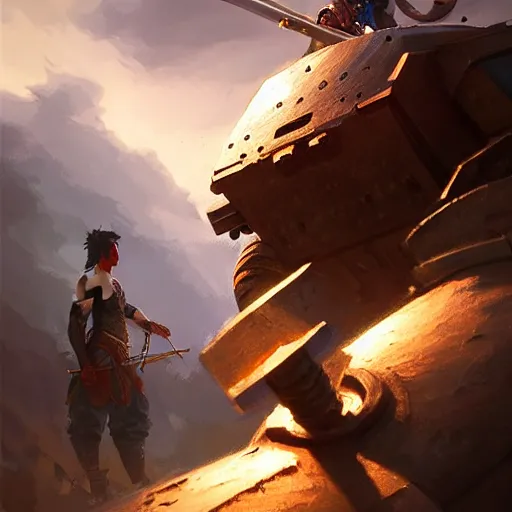 Image similar to side profile of a filipino man sitting on a tank wielding a scepter, highly detailed, d & d, fantasy digital painting, trending on artstation, concept art, sharp focus, illustration, volumetric light, intricate, matte, art by artgerm and greg rutkowski