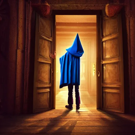 Image similar to a wizard in a cloak standing in front of the door of wisdom, tall door, high ceiling, magic light, cinematic atmosphere, high definition, ultra detailed