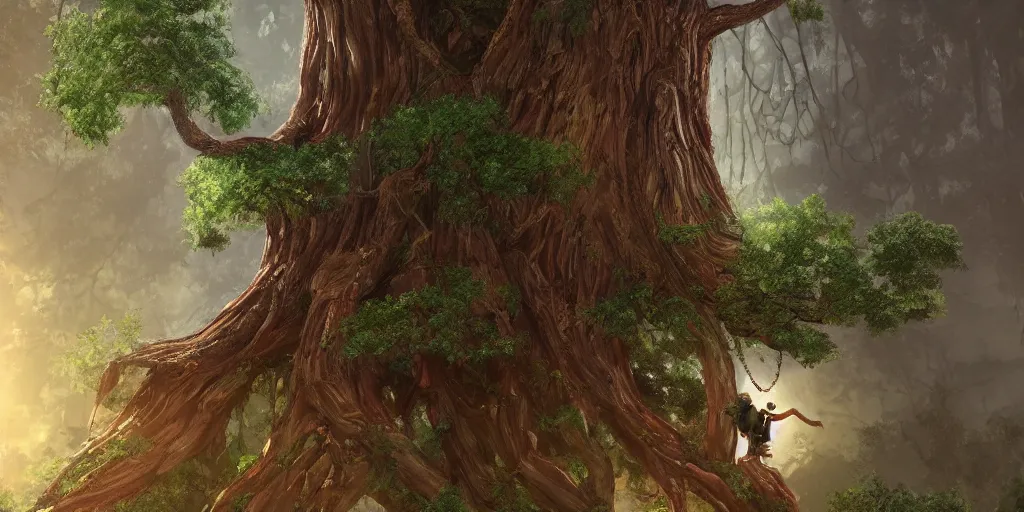 Prompt: a beautiful giant tree growing in the middle of a great Victorian library. a child climbing the tree. 4K, featured on artstation, book cover