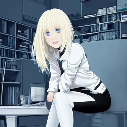 Image similar to platinum - blonde - haired long bob cut blue - eyed princess wearing white leggings and black jacket, sitting in bolshevik office, anime hd, highly detailed, hyperrealistic lighting