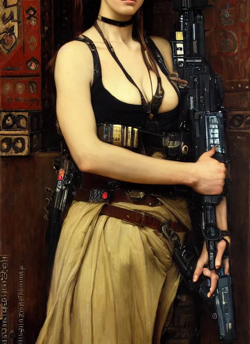 Prompt: beautiful cyberpunk assassin wearing a military vest and military gear. attractive face. Iranian orientalist portrait by john william waterhouse and Edwin Longsden Long and Theodore Ralli and Nasreddine Dinet, oil on canvas. Cinematic, hyper realism, realistic proportions, dramatic lighting, high detail 4k