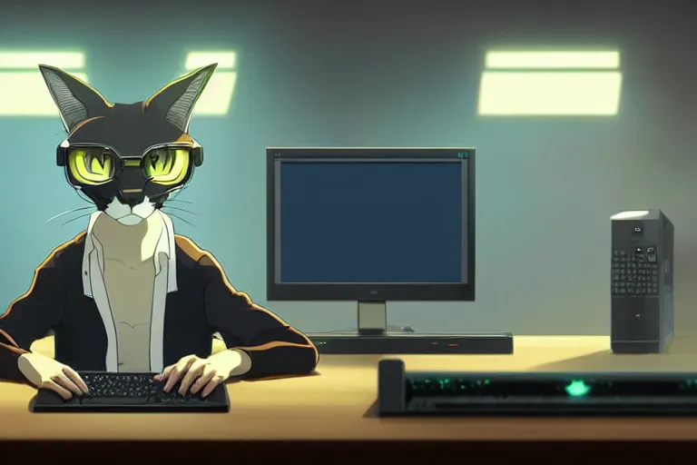 Image similar to a nerdy caracal is programming at a computer in a room full of gadgets, by makoto shinkai and ghibli studio, dramatic lighting, highly detailed, incredible quality, trending on artstation