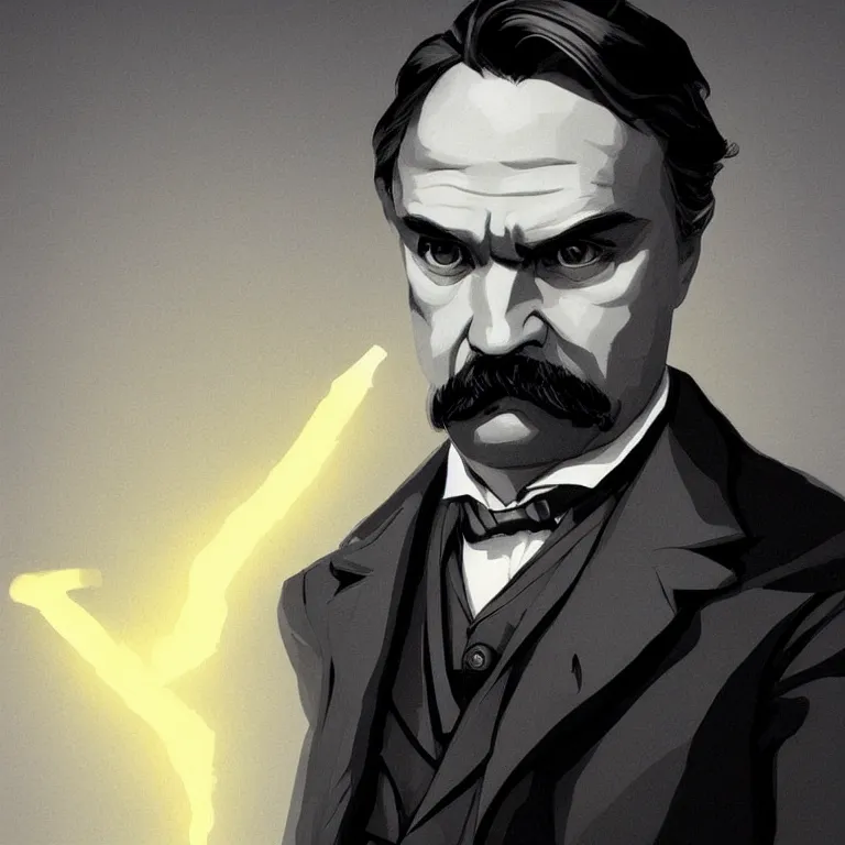 Image similar to Stunning Portrait of Friedrich Nietzsche in his Suit, chiseled Jawline and serious Look, in the Style of Artgerm and Ross Draws and Mike Mignola and Atey Ghailan, neon rim light, hard shadows, colorful, plain background, trending on artstation