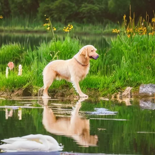 Prompt: a golden retriever puppy riding on the back of a swan, near a pond, flowers everywhere, golden hour, beautiful landscape,