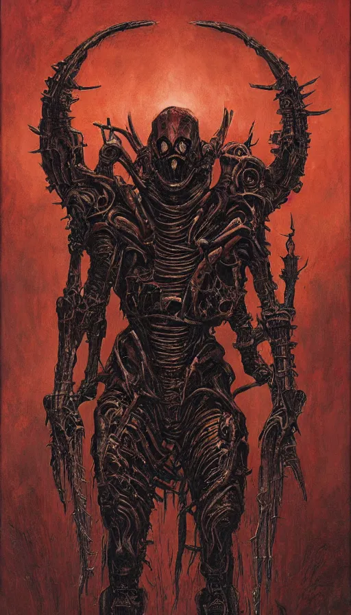 Image similar to Doom themed painting of symmetrical torso black and crimson inferno armor with extended evil armored hands concept, intricate artwork by H.R. Giger, Johnatan Wayshak, Zdizslaw Beksinski, Ayami Kojima, Amano, Karol Bak, Moebius, and Mark Brooks, Neo-Gothic, gothic, rich deep colors, art by Takato Yamamoto, masterpiece, face by Artgerm, very coherent artwork, cinematic, hyper realism, high detail, octane render, unreal engine, 8k, High contrast, golden ratio, trending on cgsociety