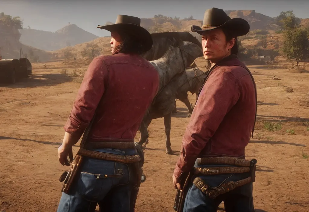 Image similar to elon musk in the red dead redemption 2, elon musk in the video game red dead redemption 2, gameplay screenshot, close up, 3 d rendering. unreal engine. amazing likeness. very detailed.