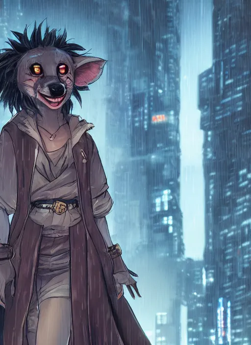 Image similar to character portrait of a female anthro hyena fursona with a cute beautiful attractive furry face and long black curly hair wearing jedi robes in a cyberpunk city at night while it rains. hidari, color page, tankoban, 4K, tone mapping, Akihiko Yoshida.