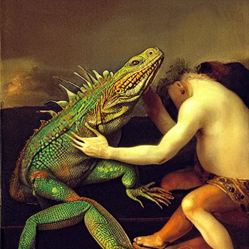 Image similar to iguana drinking tequila, baroque painting