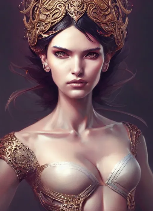 Prompt: portrait of female in wearable art, intricate details, elegant, highly detailed, digital photography, artstation, glamor pose, concept art, smooth, sharp focus, art by artgerm and greg rutkowski