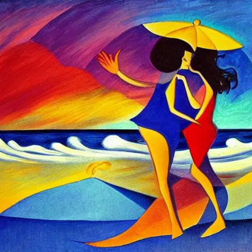 Prompt: two Women in the moonlight dancing by the ocean while the waves crash on the seashore, high quality art in the style of cubism and geogia o keefe