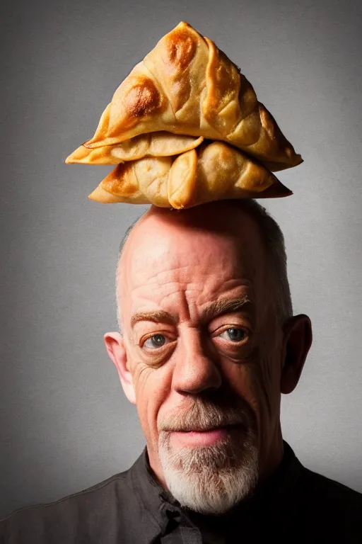 Image similar to 📷 j k simmons the samosa, made of food, head portrait, dynamic lighting, 4 k