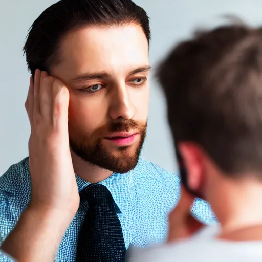 Image similar to professional direct photograph of a man examining his face in the mirror