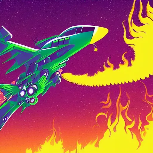 Prompt: a purple dragon blowing green fire fighting a retro spaceship with a volcano in the background, concept art by kilian eng