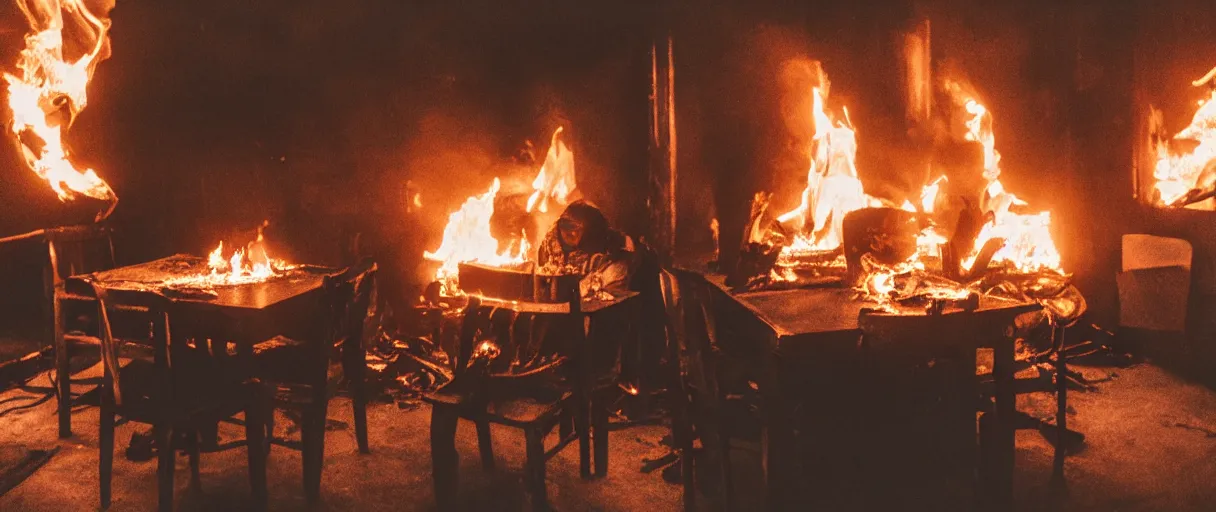 Image similar to a photograph of a big fire on a dining room on fire, only remains a wooden table and a chair (no fire at all there), an human-like relaxed dog sitting at this table, ☕ on the table, surrounded by flames, a lot of flames behind the dog, black smoke instead of the ceiling, no watermark